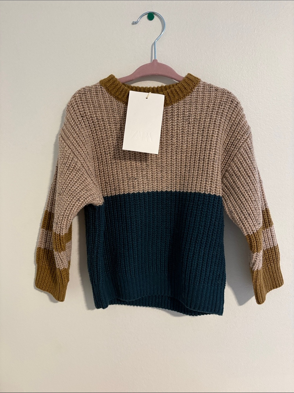 NWT Toddler Colorblock Chunky Knit Sweater - Taupe, Teal & Mustard size 1.5 year